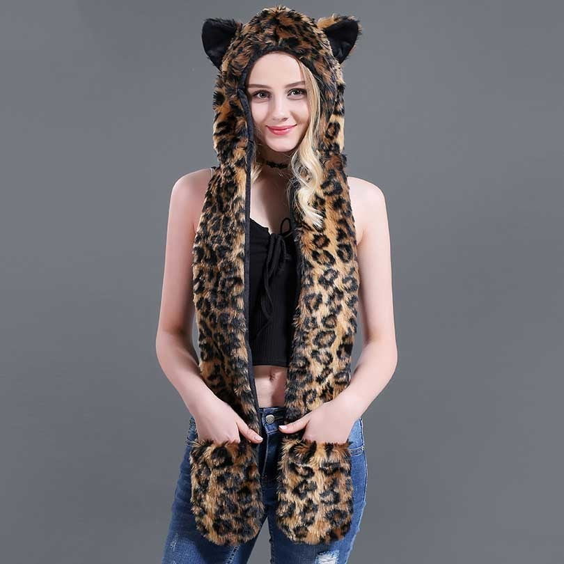 Faux Fur Straw Cartoon Animal Hat Scarf Gloves One - Bellarte Enchanté Faux Fur Straw Cartoon Animal Hat Scarf Gloves One